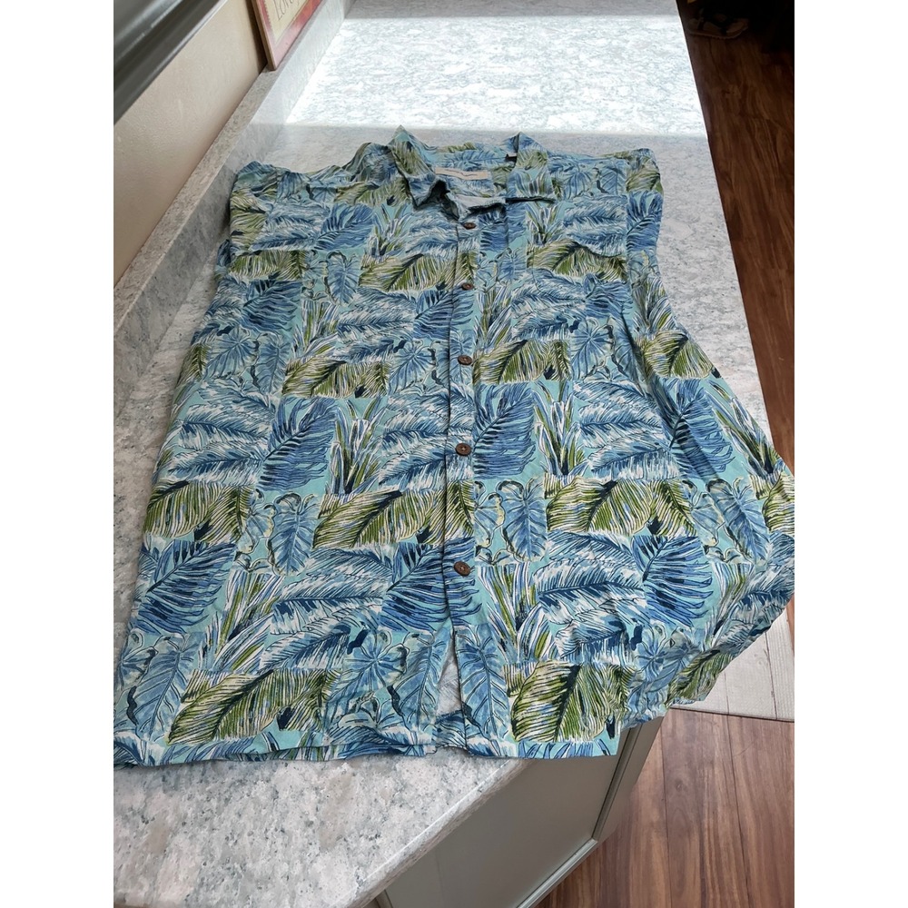 Tommy Bahama Button Up Shirt XXXL Blue Green Silk Rayon Tropical Palm Leaf Print